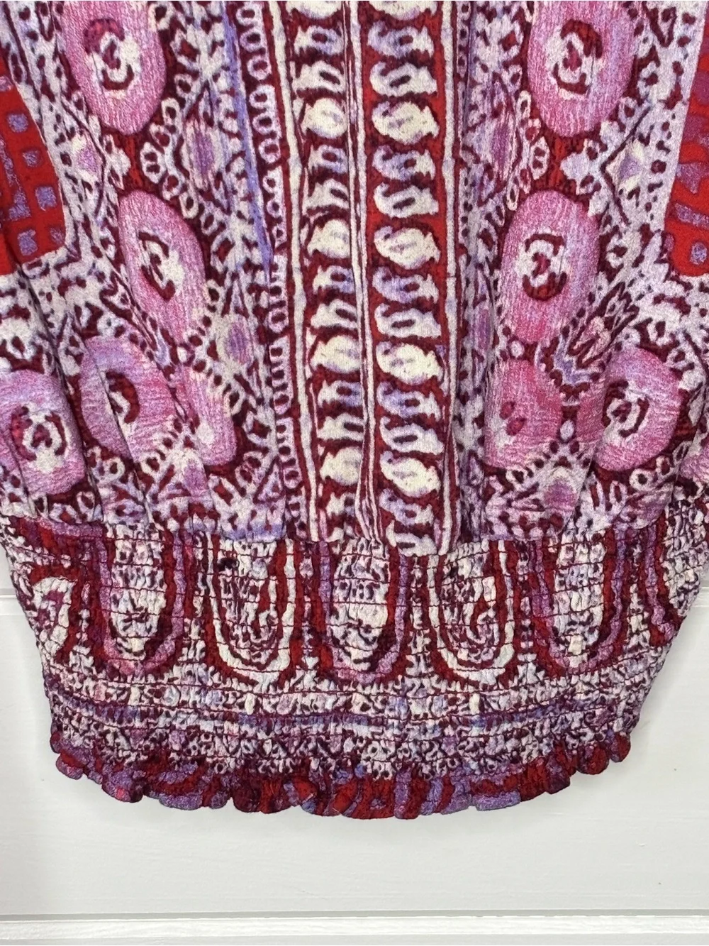Free People Paisley Boho Deep V Smocked Top S/M Long Sleeve